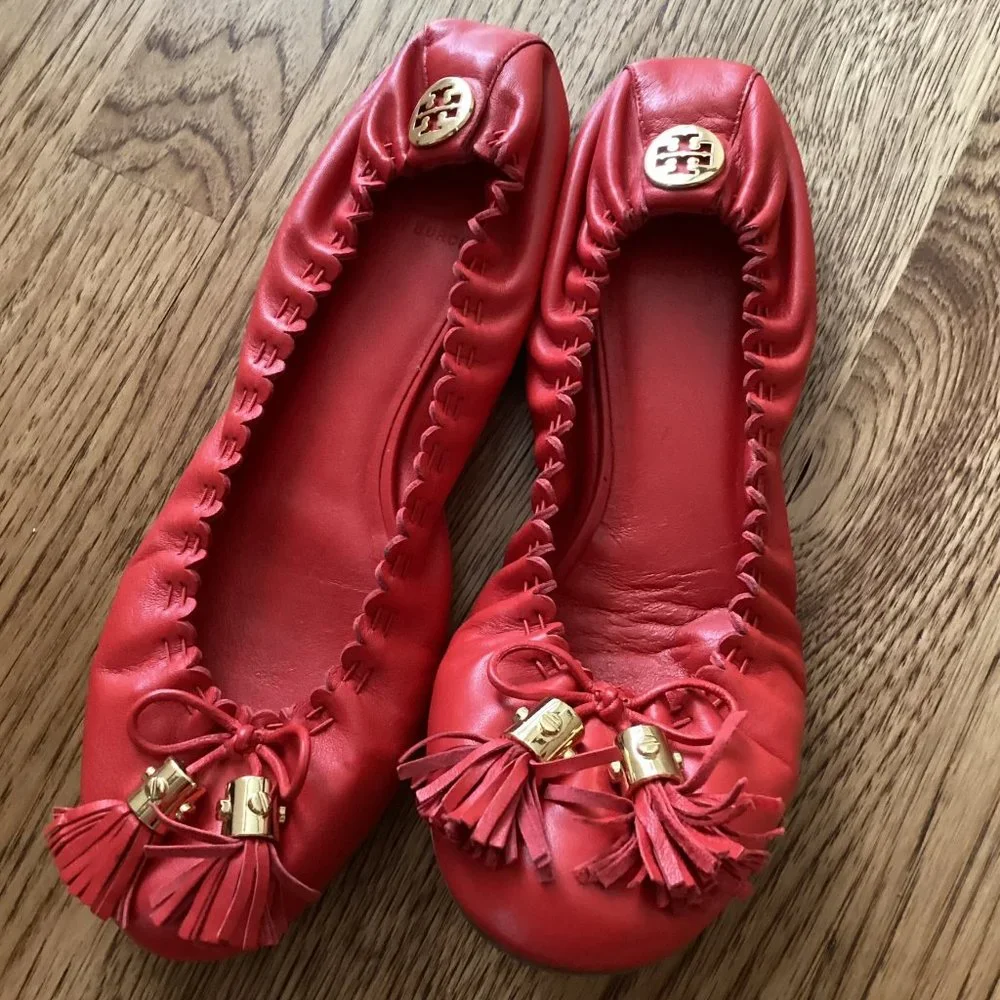 Tory Burch Red Leather Tassel Ballet Flat - Picture 2 of 7